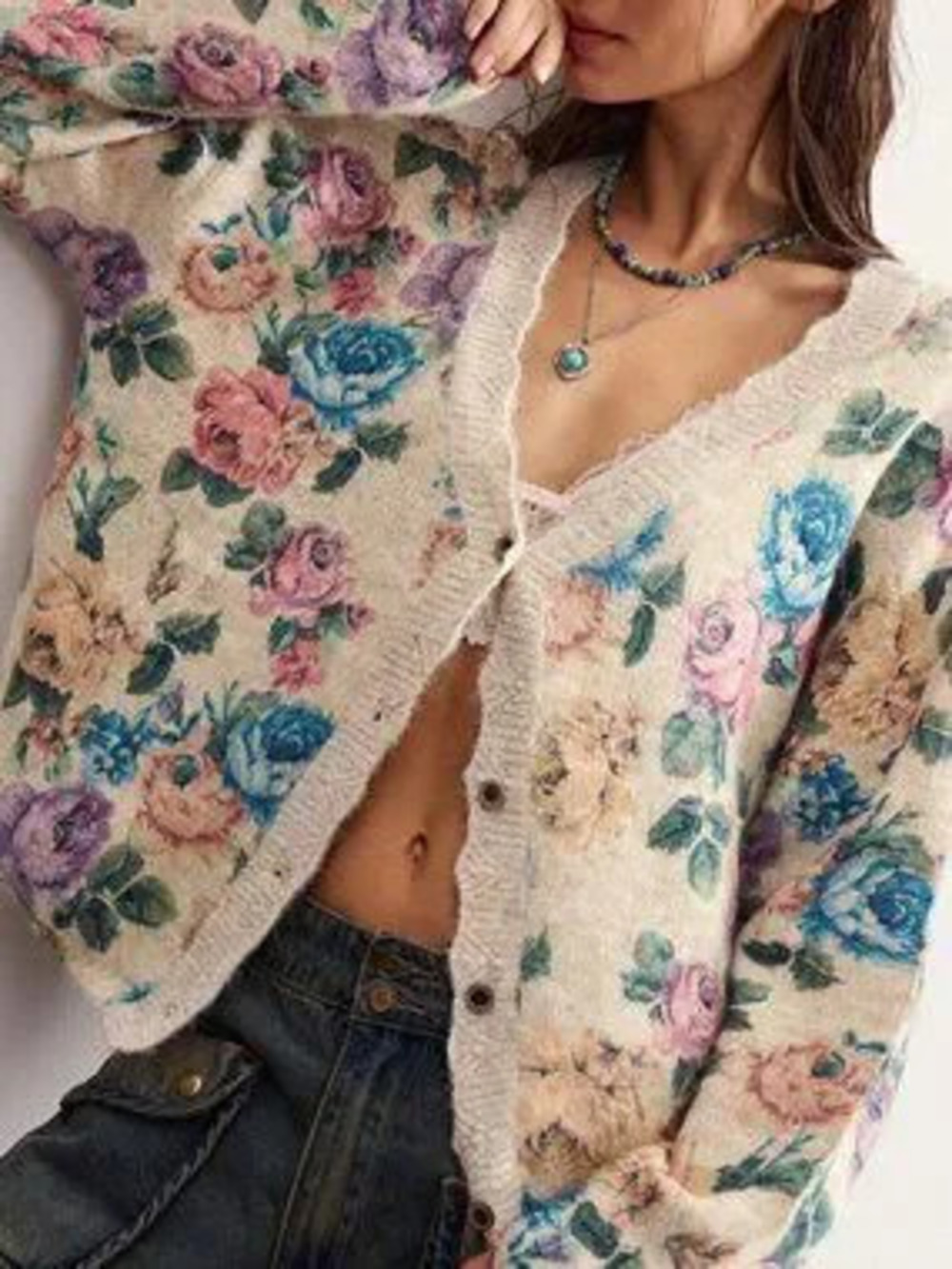 ZARA Apricot Casual Women's Floral Print Drop Shoulder Long Sleeve Knit Cardigan